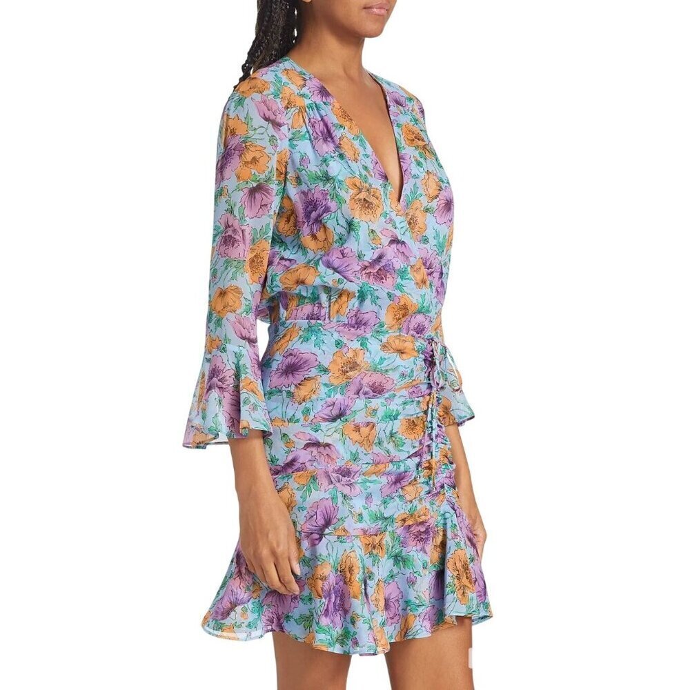 Veronica Beard Dress Sean Floral Printed Ruched‎ Mini 100% Silk Size 4